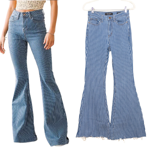 JUDY BLUE Super Flare Ultra High Rise Jeans in Blue Stripe Raw Hem Women's 27 - Picture 1 of 7